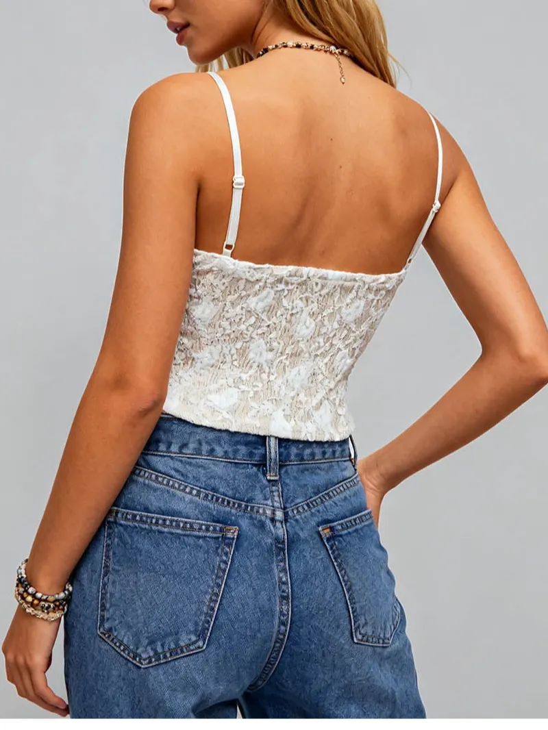 Lace V Neck Corset Scalloped Trim Crop Cami Top