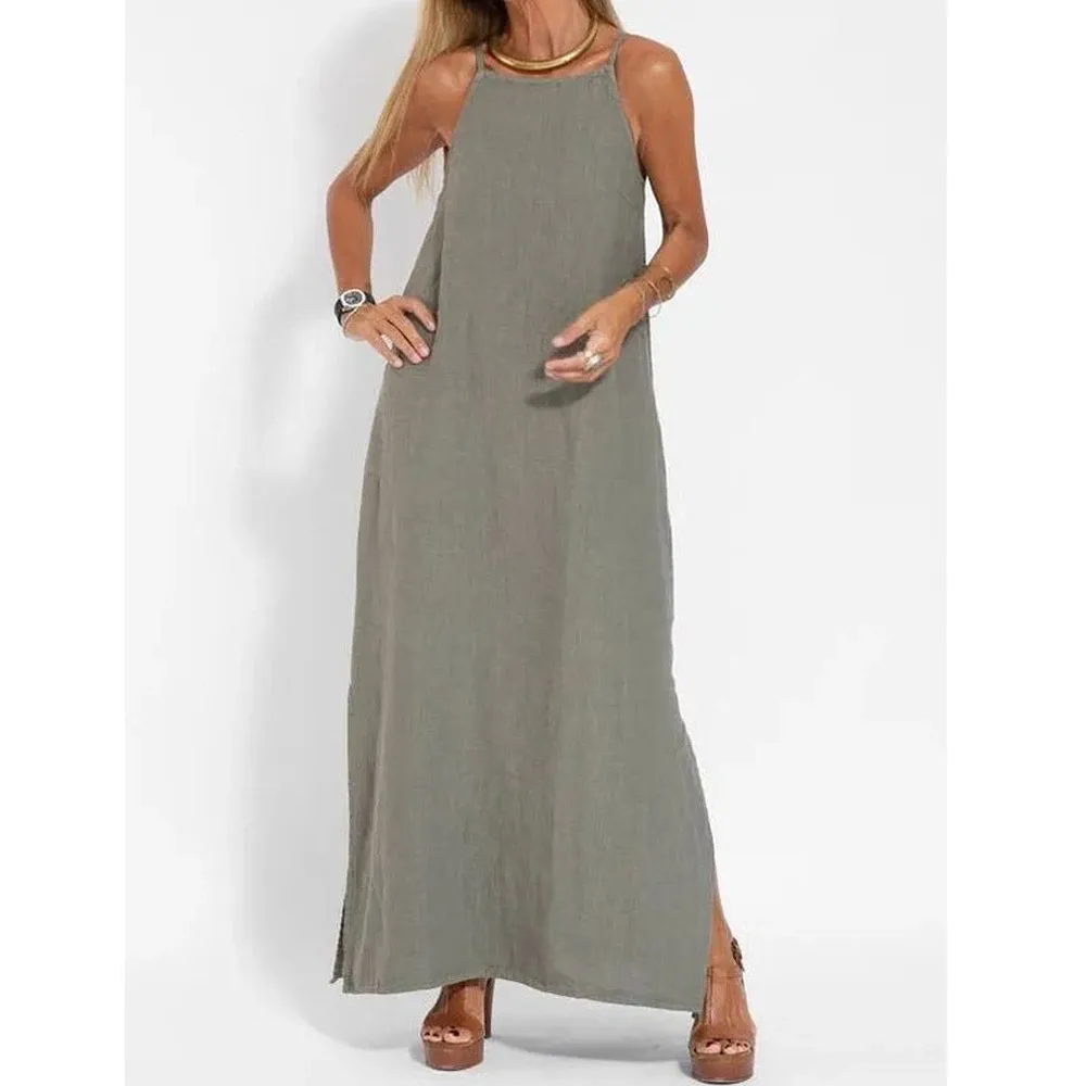 Sleeveless Side Slit Linen Blend Slip Dress