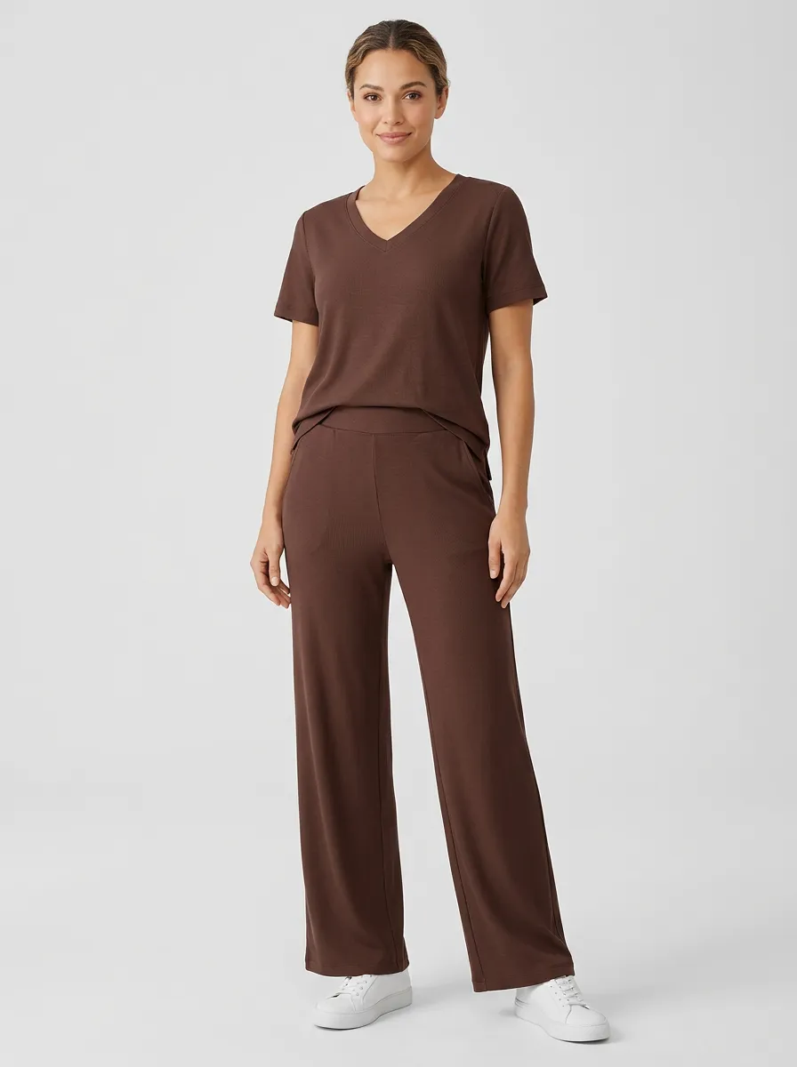 Women's High-Rise V-Neck T-Shirt and Wide-Leg Pants Set