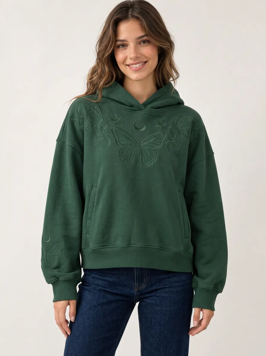 Women's Boho Inspired Butterfly Moon Embroidered Nature Hoodie