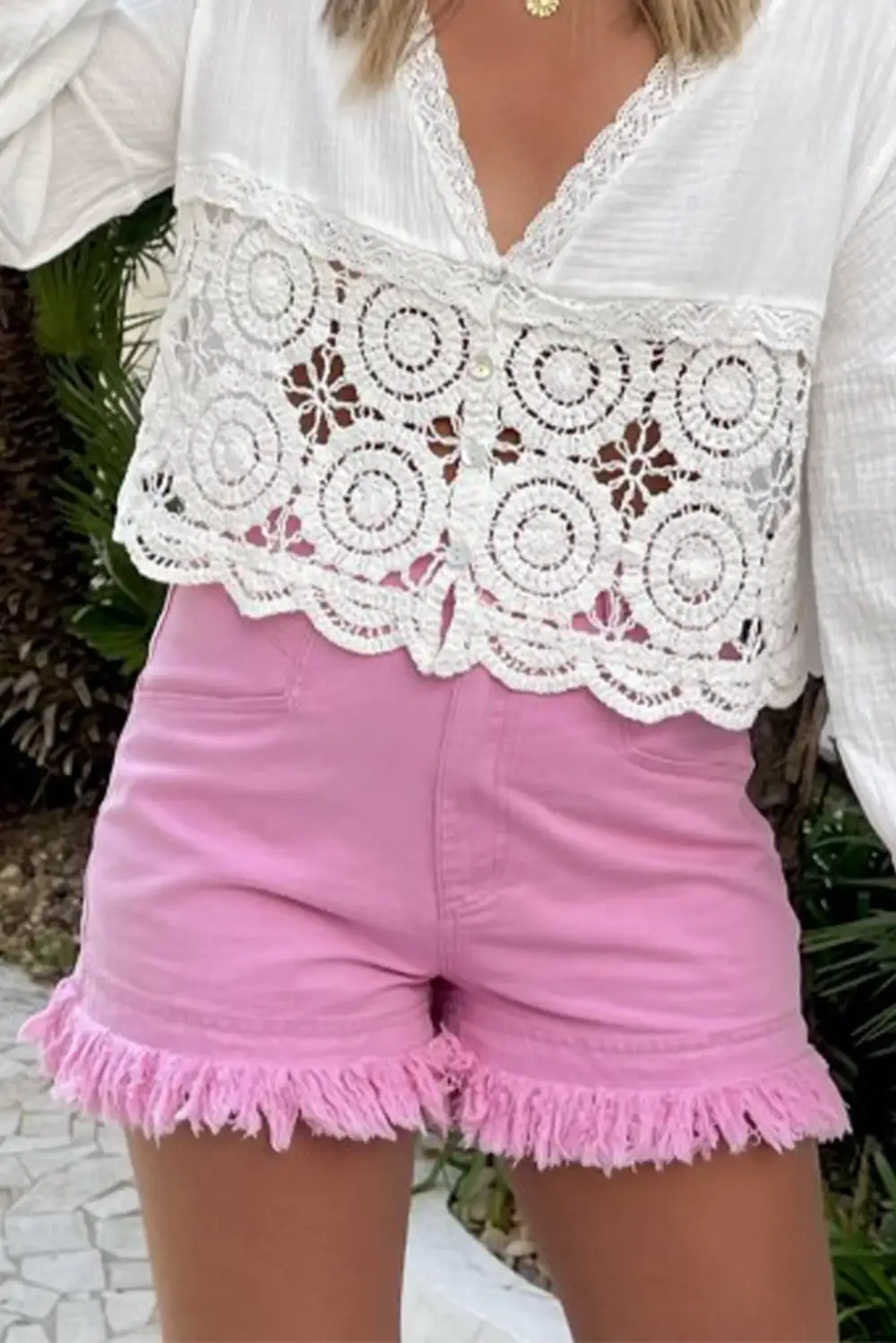Pink Frayed Edge Mid Rise Denim