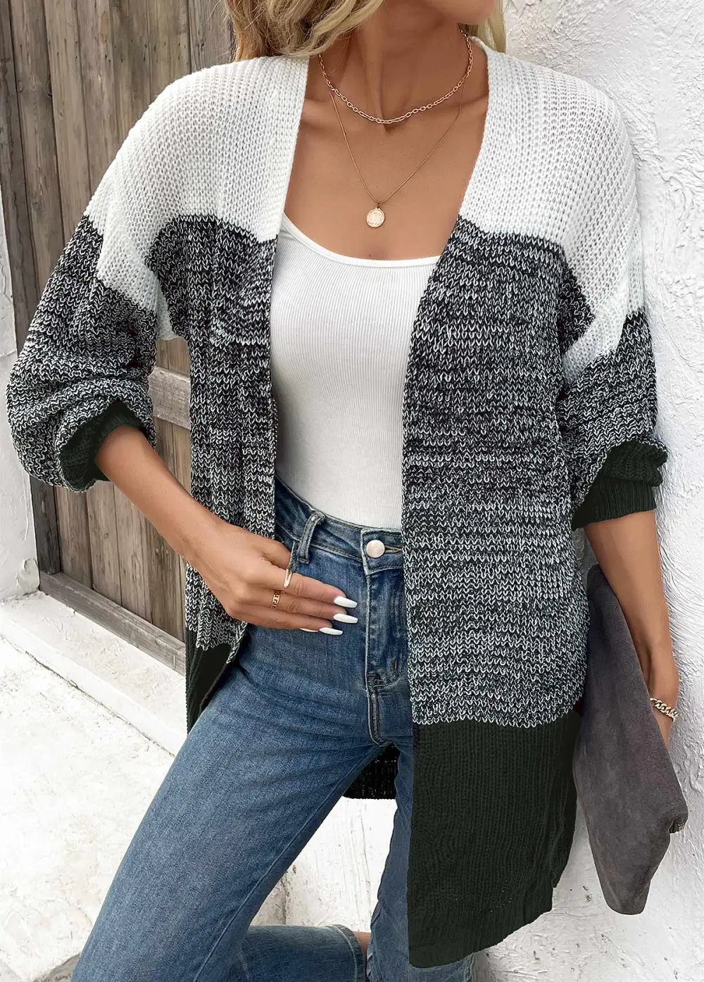 Dark Grey Patchwork Long Sleeve V Neck Coat