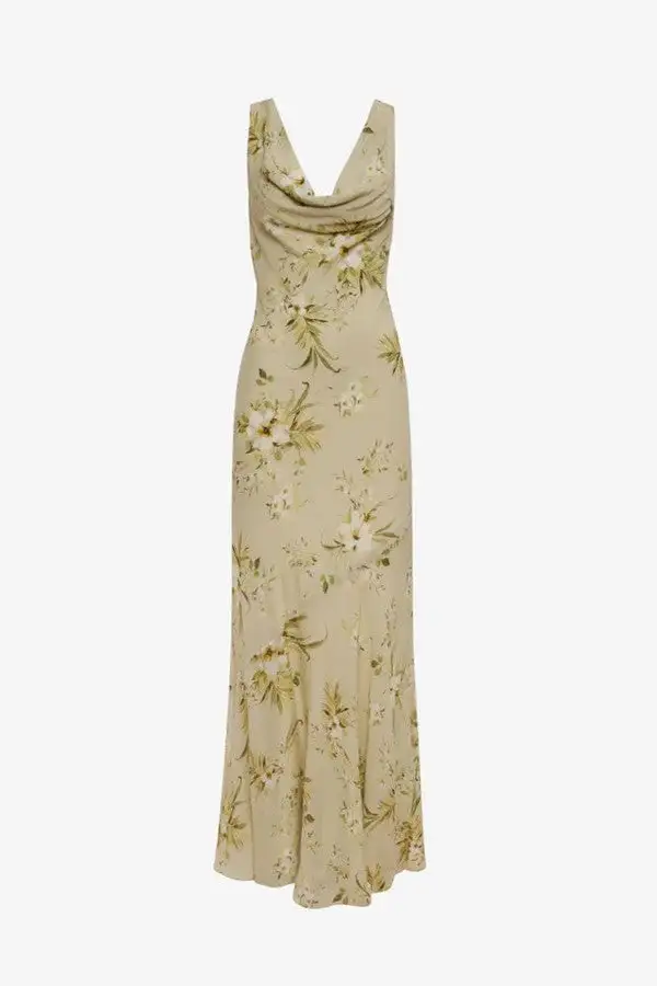 Beige Floral Print Sleeveless Gown