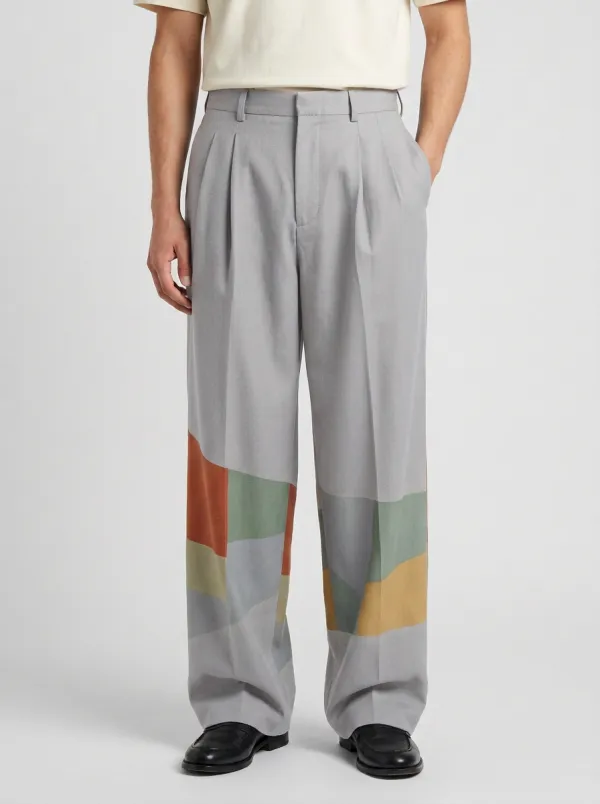 Men's Geometric Colorblock Pattern Printed Wide Leg Blue Pant