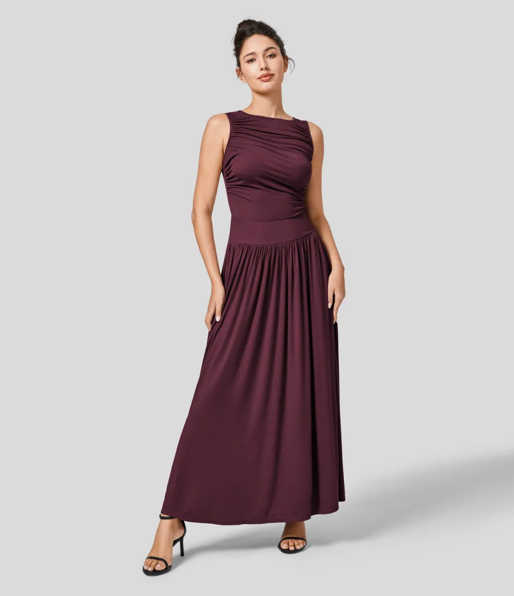 Ribbed Boat Neck Ruched Side Pocket Flowy Maxi Casual Dress