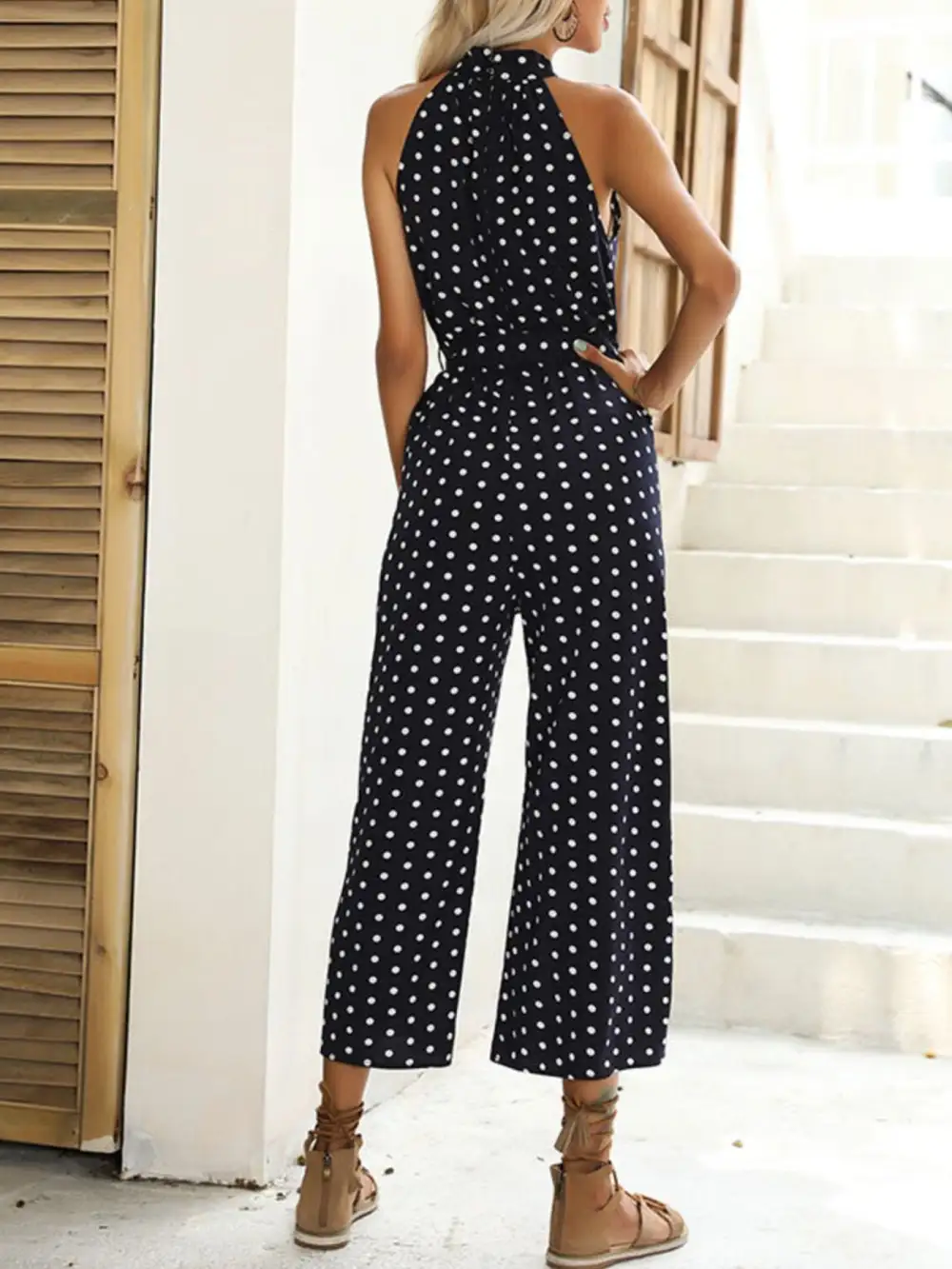 Polka Dot Halter Neck Wide Leg Jumpsuit
