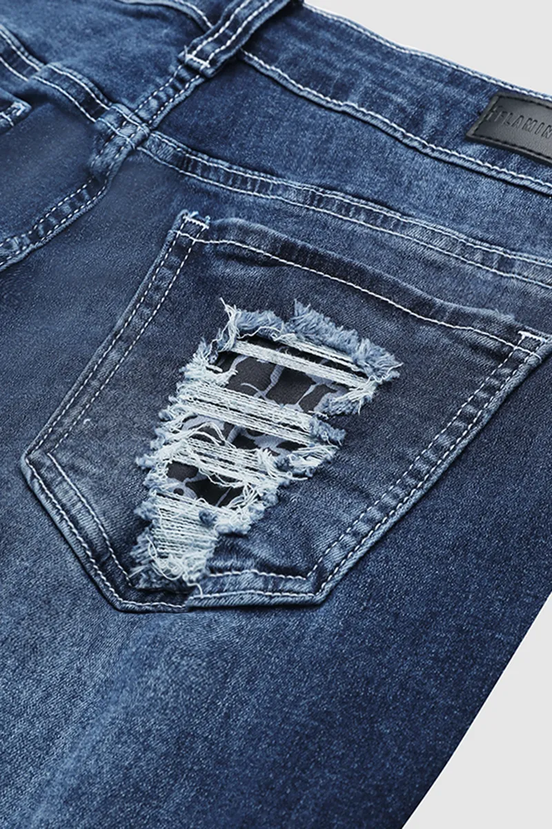 Vintage Stripe Print Ripped Mid Waist Jeans