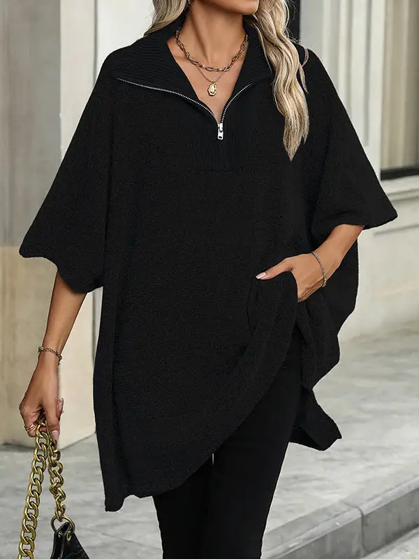 Paneled Zip Detail V-Neck Elbow Sleeve Relaxed Fit Sweater