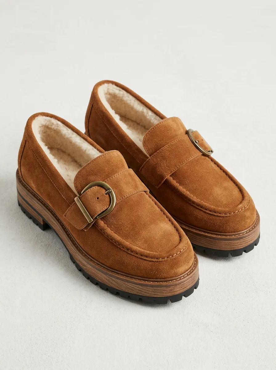 Women's Classic Faux Fur Lined Buckle Detail Suede Wood Sole Loafers