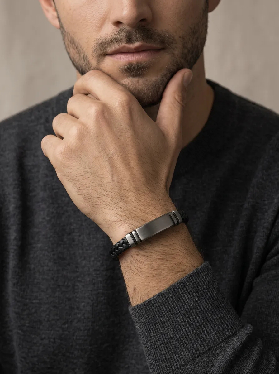 Men's Minimalist Braided Leather Stainless Steel ID Bracelet