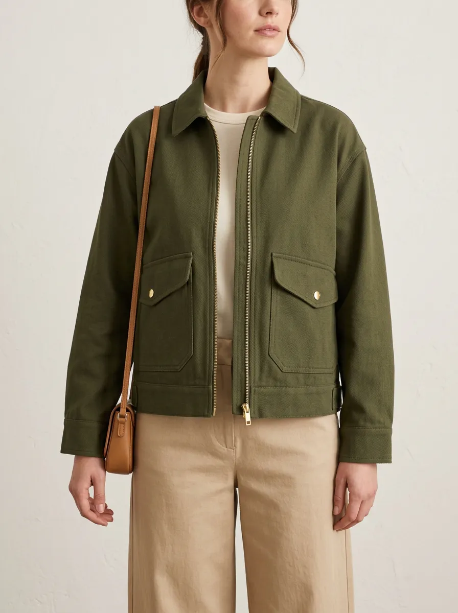 Women's Casual Utility Olive Green Zip-Up Canvas Jacket