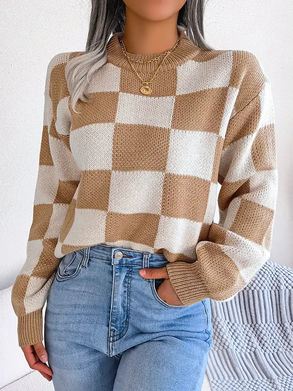Plaid Round Neck Long Sleeve Relaxed Fit Sweater
