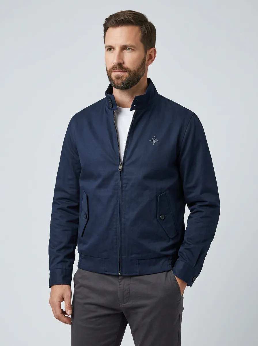 Men's Nautical Compass Star Embroidered Navy Zip Jacket
