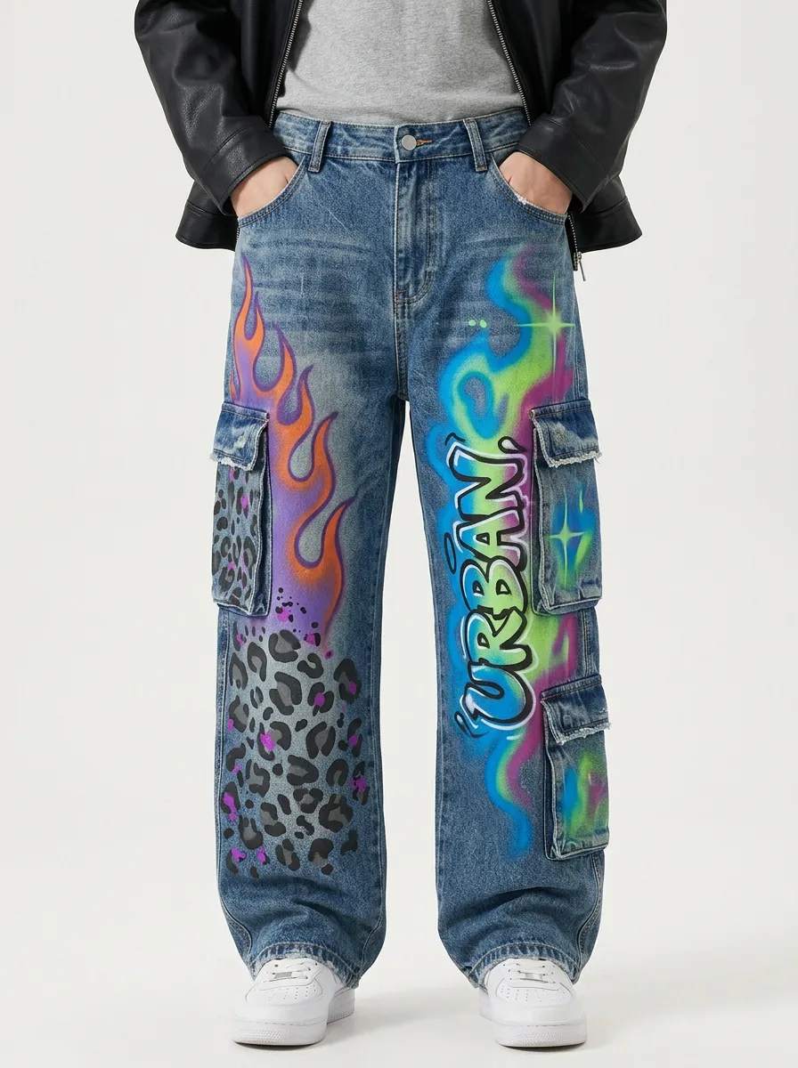 Men's Streetwear Urban Graffiti Flame Leopard Graphic Cargo Jeans