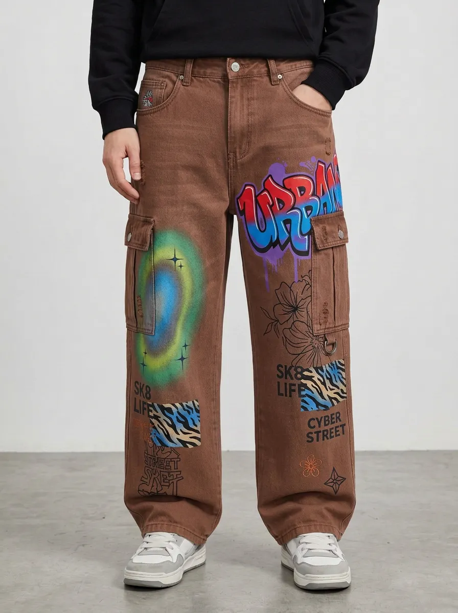 Men's Streetwear Urban Graffiti Graphic Cargo Jeans