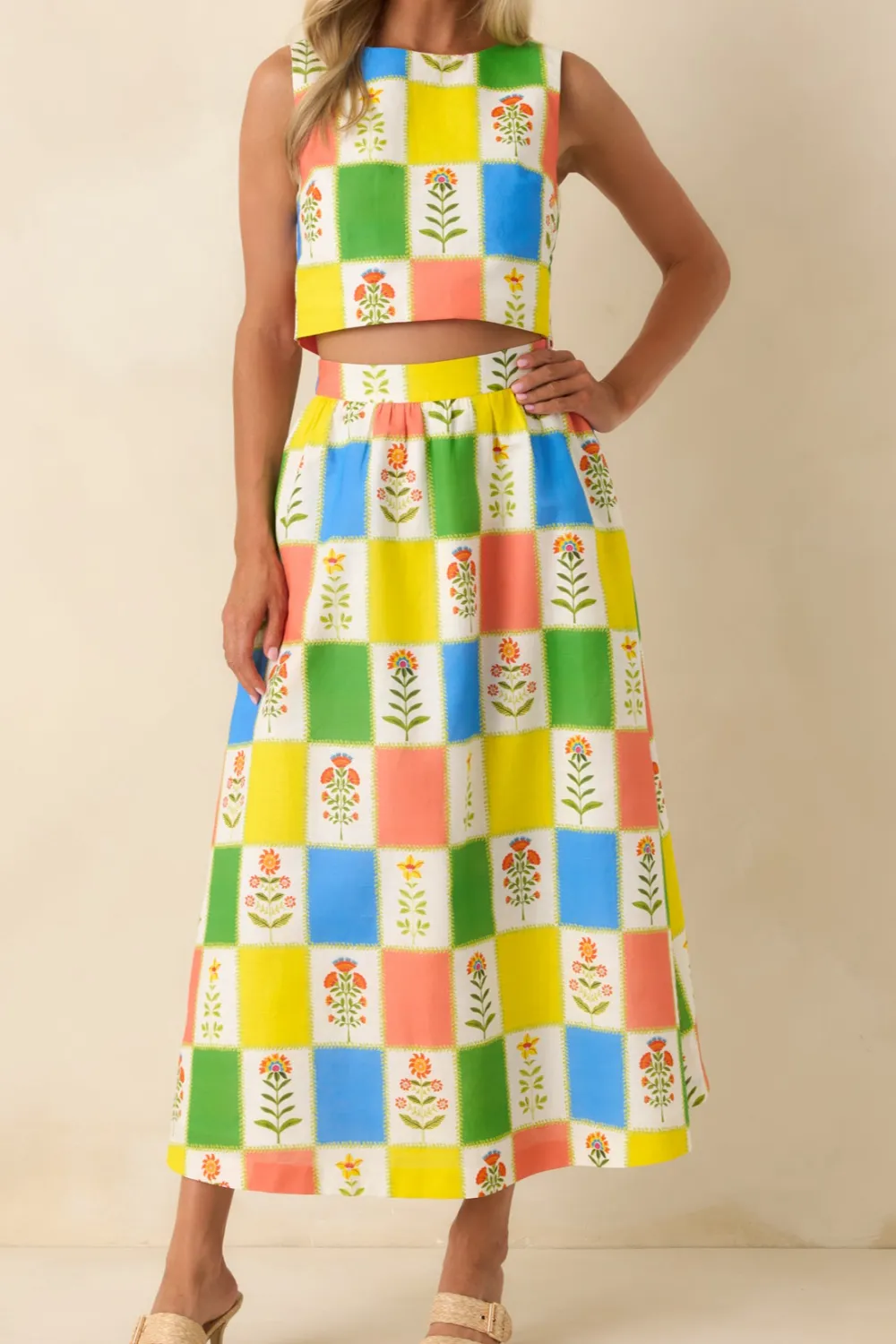 Maddie Multi Floral Patchwork Linen Blend Maxi Skirt