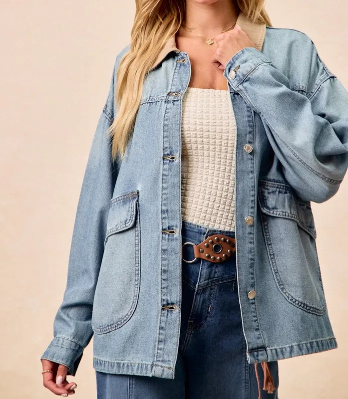 Washed Denim Jacket with Contrast Collar Detail