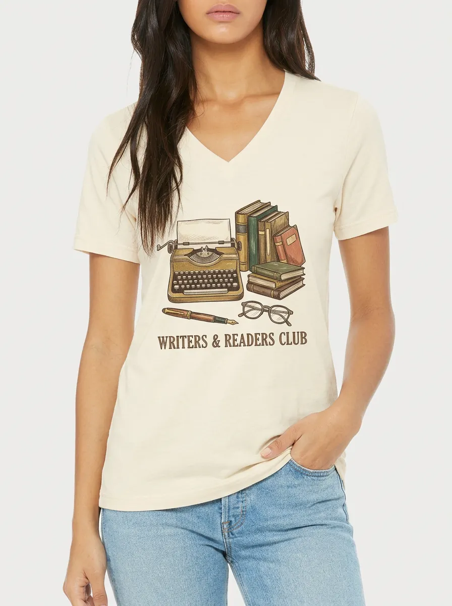 Women's Book Lover Writers & Readers Club Typewriter Printed V-neck T-shirt