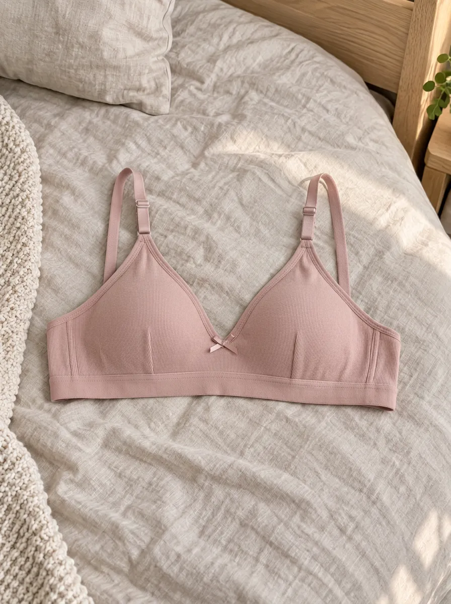 Women's Minimalist Pink Ribbed Bowknot Wireless Bra