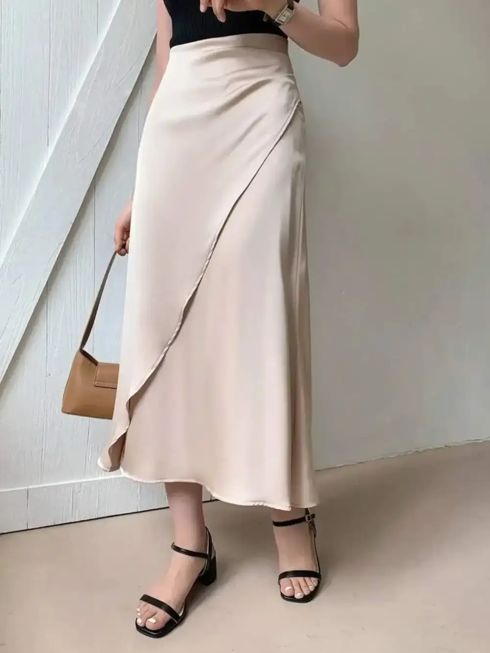 Asymmetric Wrap Midi Skirt With Fluted Hem