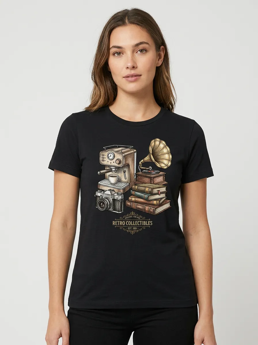 Women's Retro Hobbyist Coffee Camera Gramophone Books Graphic T-Shirt