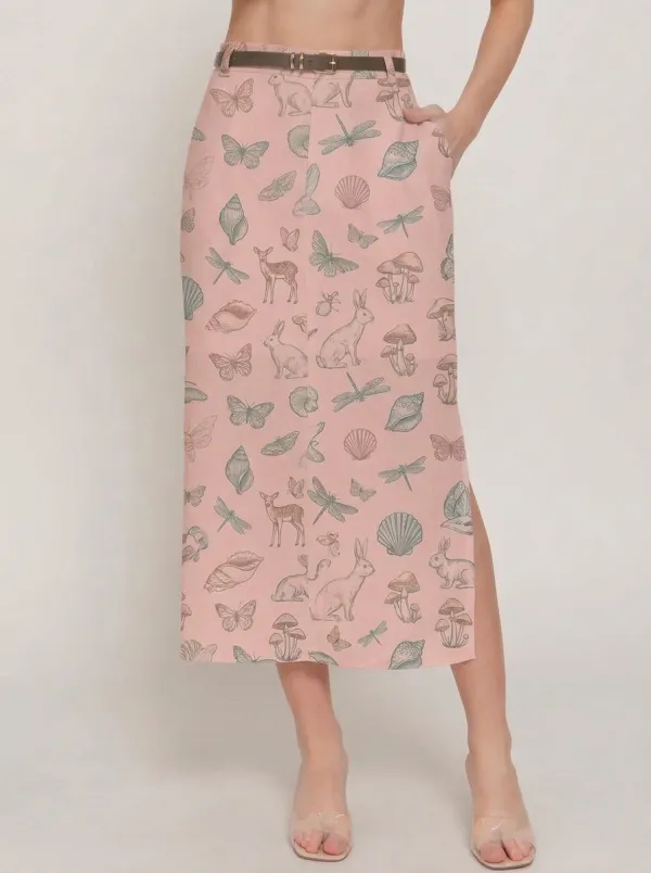 Women's Cottagecore Nature Rabbit Mushroom Butterfly Printed Midi Skirt