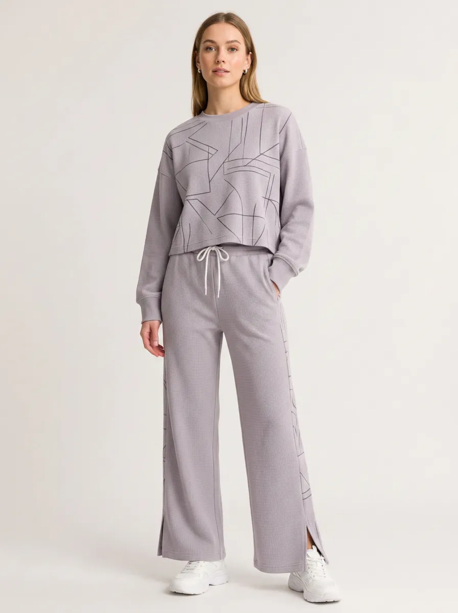 Women's Casual Geometric Line Printed Waffle Knit Lounge Set