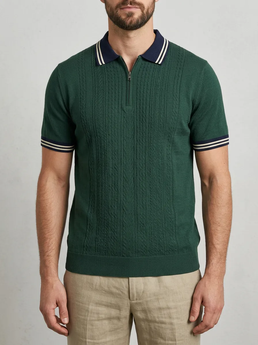 Men's Vintage Cable Knit Green Zip-Up Polo Shirt