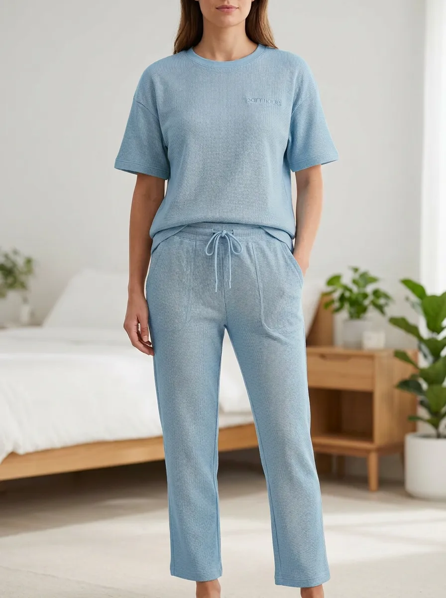 Embroidered Waffle Knit Lounge Set