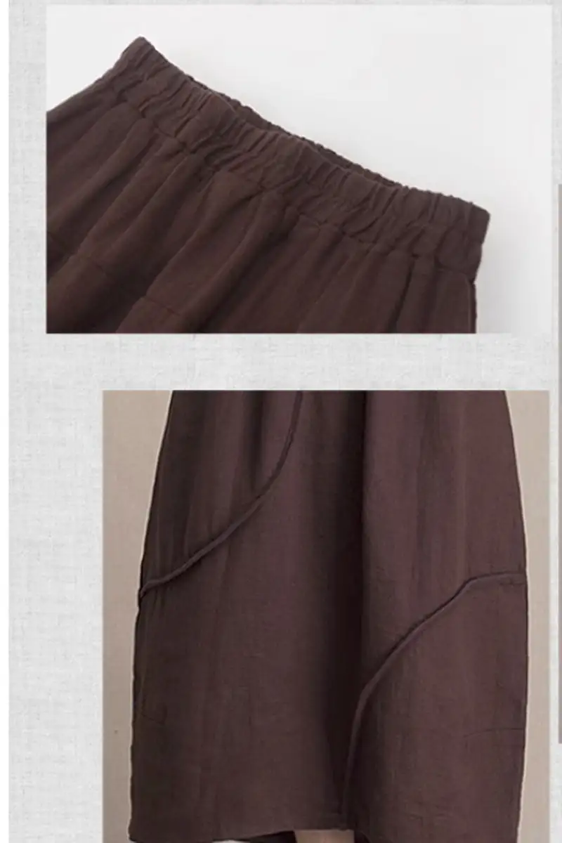 Patchwork Linen Blend Bubble Elastic Waist Midi Skirt