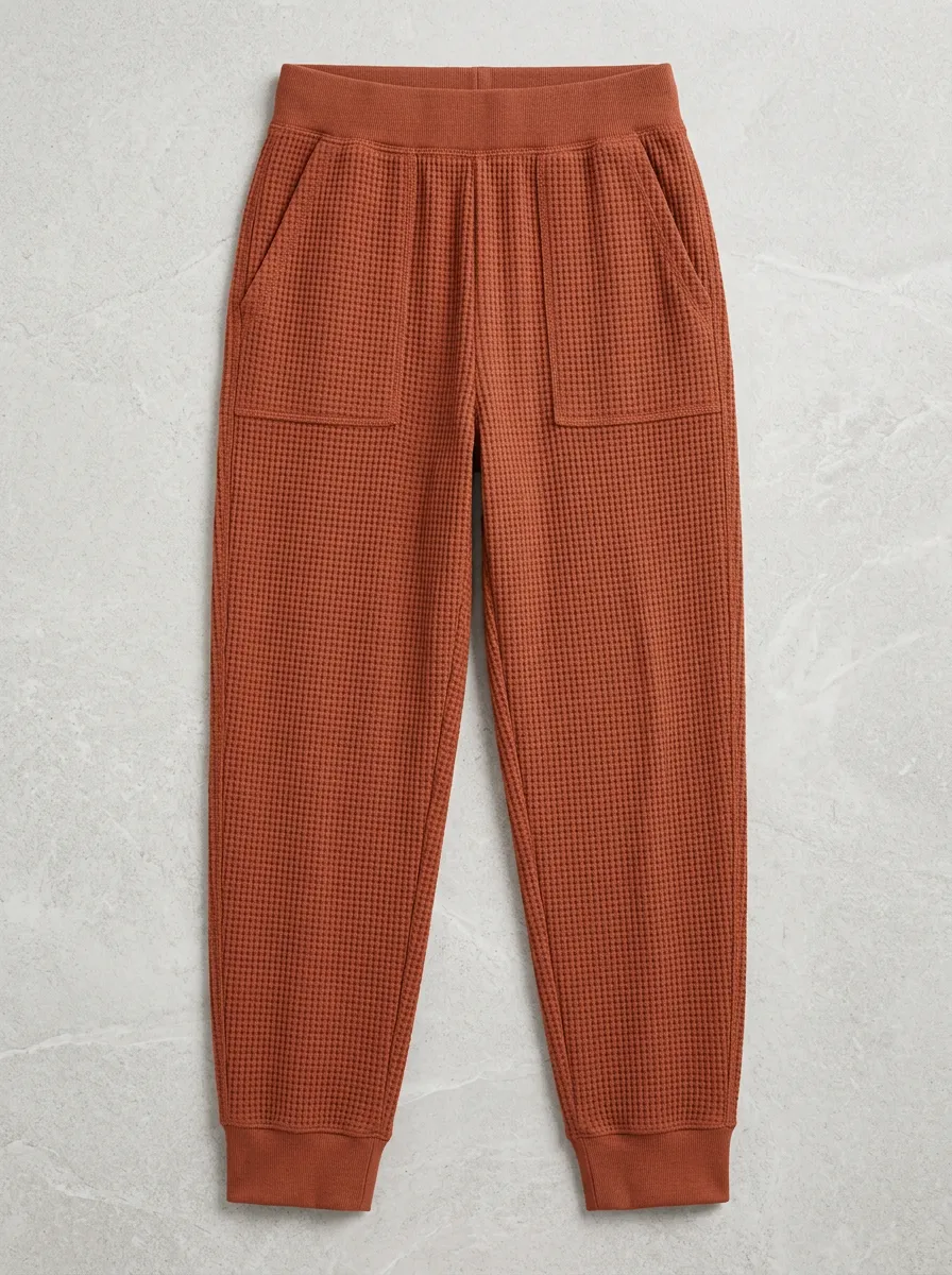 Unisex Casual Rust Waffle Knit Elastic Waist Jogger Pants