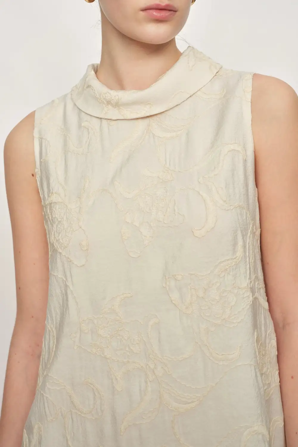 Stand Collar Embroidered Mini Dress