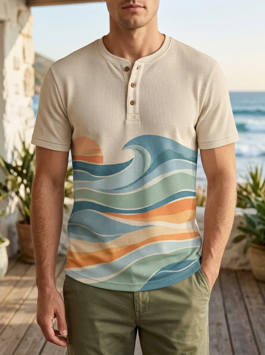 Men's Casual Beach Lover Sunset Ocean Wave Henley T-Shirt