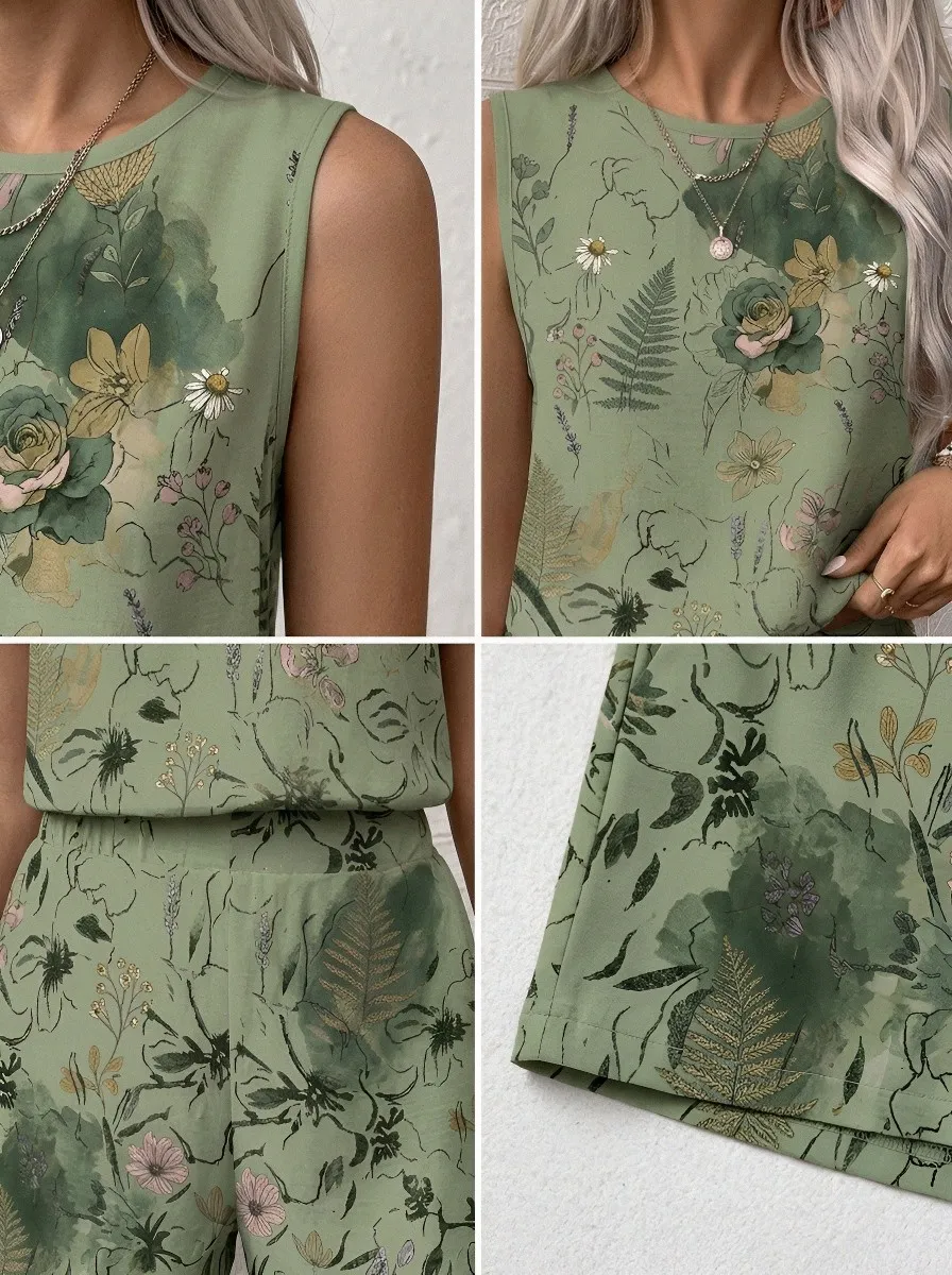 Women's Botanical Floral Fern Printed Sleeveless Short Set