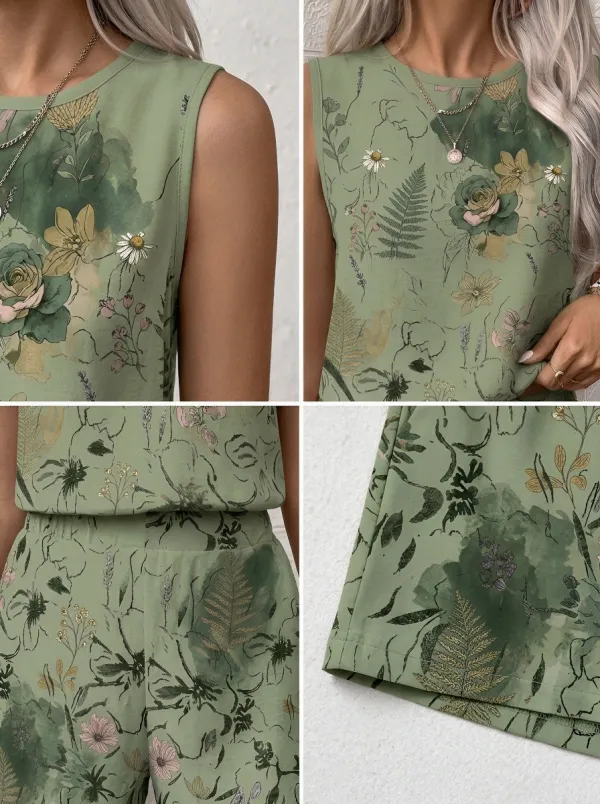 Women's Botanical Floral Fern Printed Sleeveless Short Set