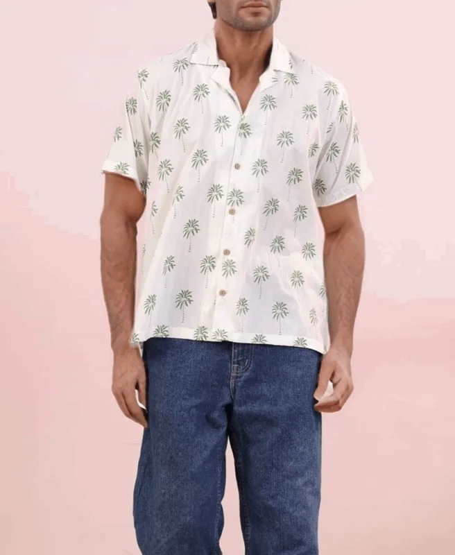 White Palm Leaf Mulmul Cotton Camp Collar Shirt