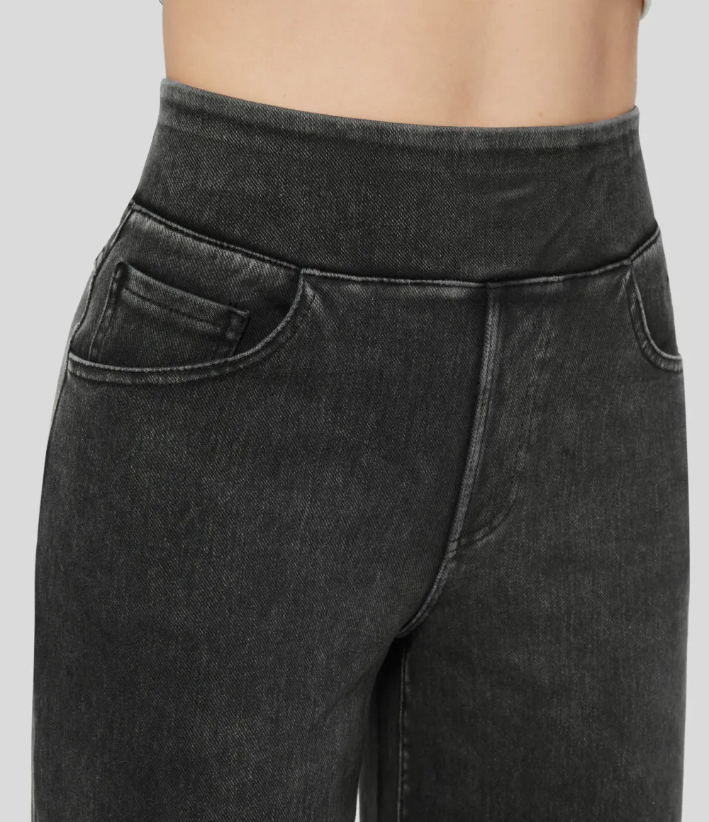 Magic High Waisted Multiple Pockets Wide Leg Stretchy Knit Casual Thermal Jeans