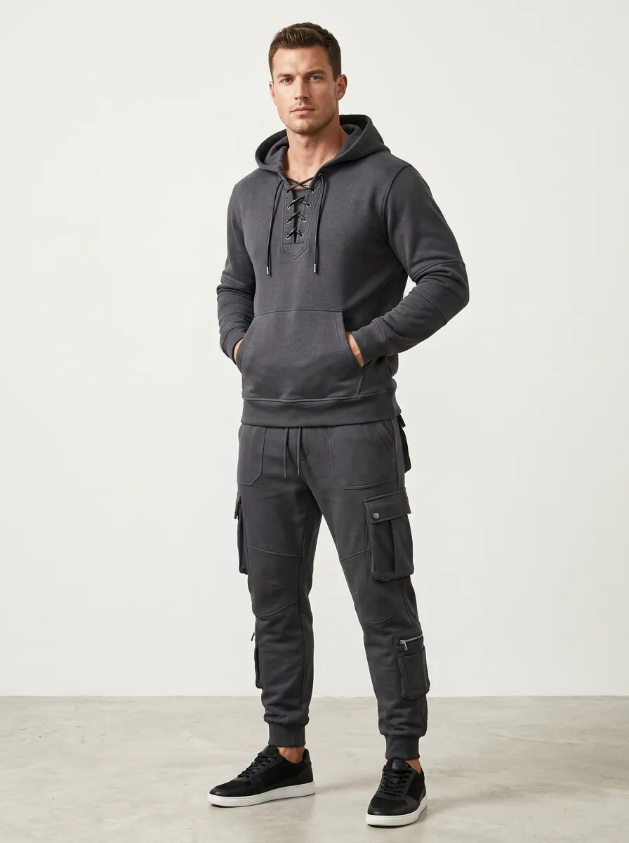 Core Lace-Up Multi Pocket Active Look Men's Lace Up Hoodie And Cargo Jogger Set