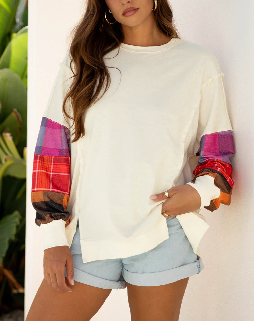 Plaid Long Sleeve Patchwork Women's Top