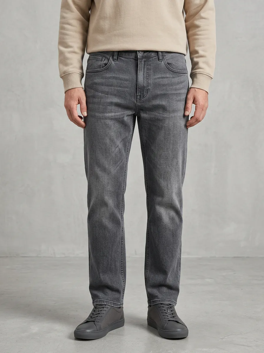 Men's Casual Fashion Grey Washed Straight Leg Jeans