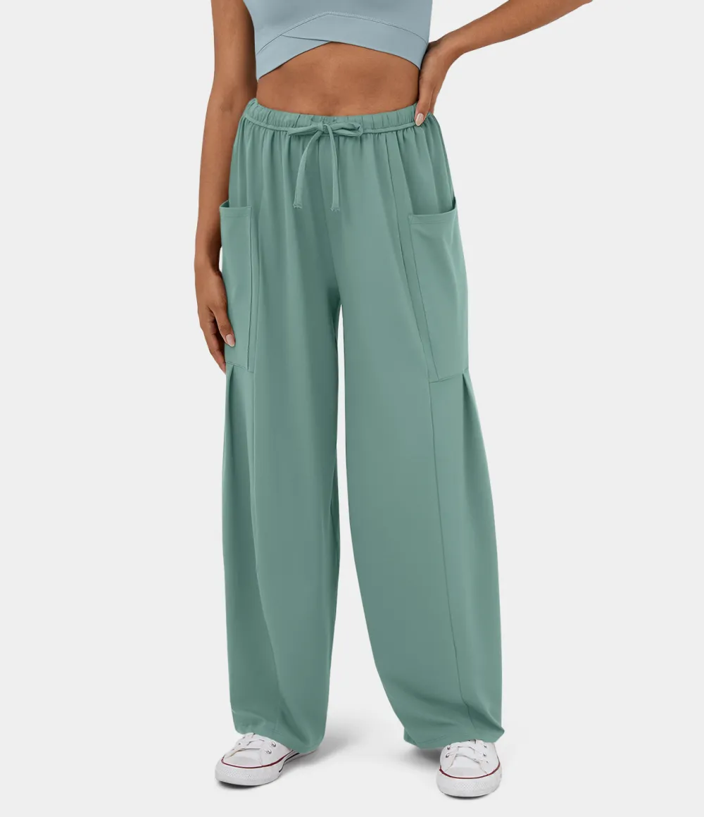 Mid Rise Elastic Waistband Drawstring Side Pocket Palazzo Flowy Wide Leg Casual Pants