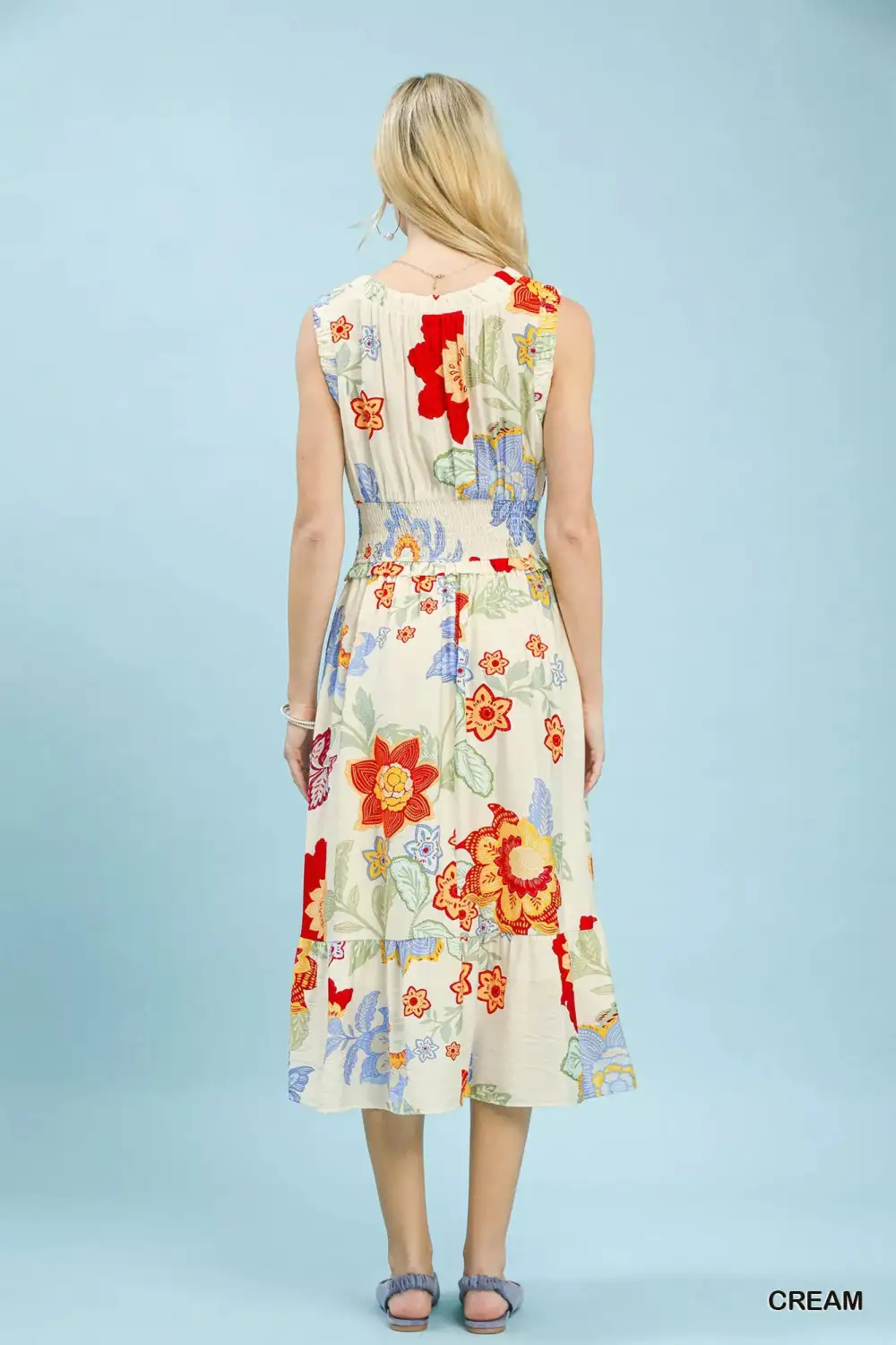 Modern Floral Print Tiered Smocked Midi Dress
