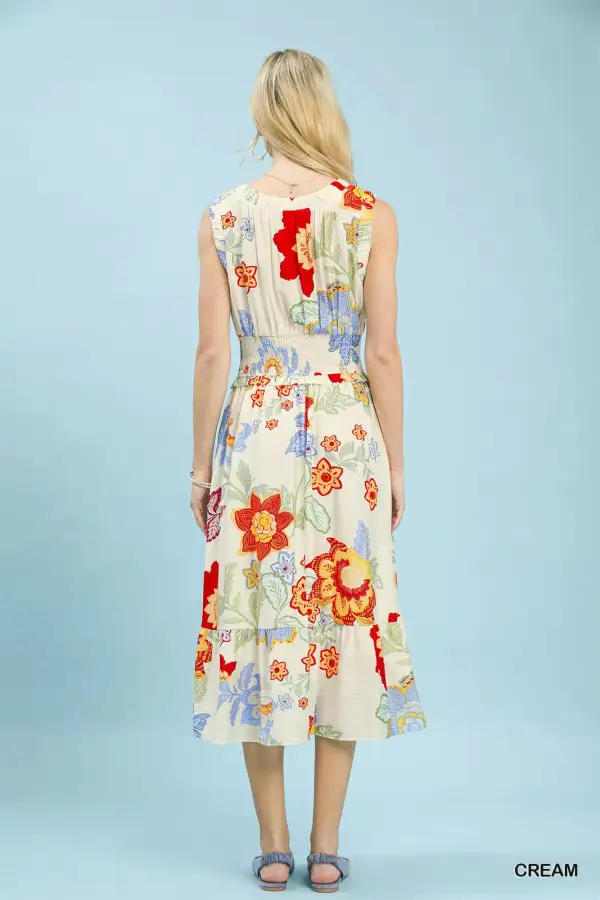 Modern Floral Print Tiered Smocked Midi Dress