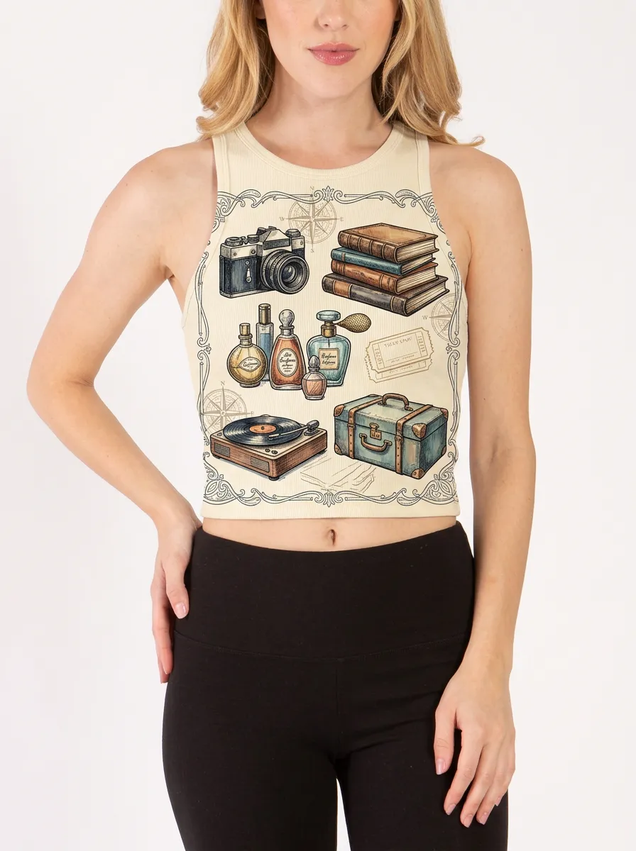 Women's Vintage Travel Camera Books Perfume Printed Crop Tank Top