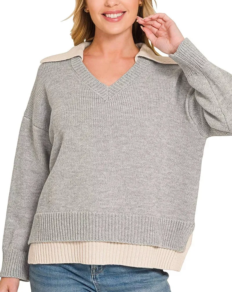 Dual-Look Collared V-Neck Sweater