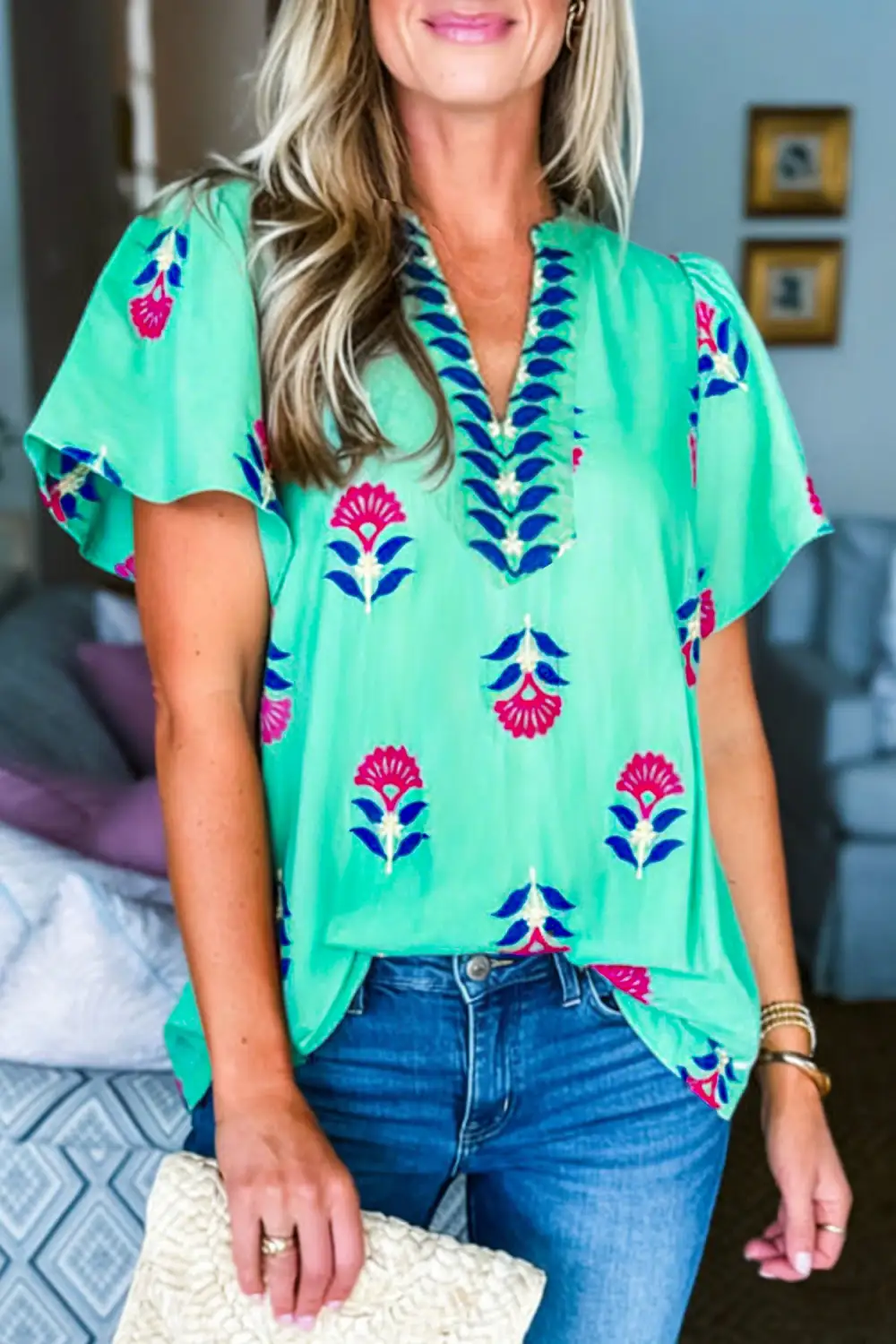 Women's Floral Print V Neck Flutter Sleeve Top