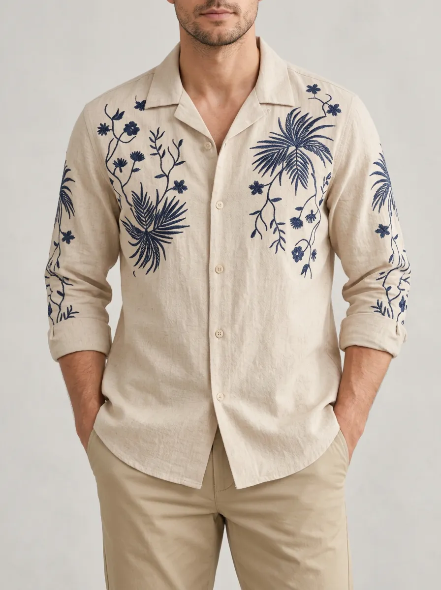 Men's Floral Palm Embroidered Shirt