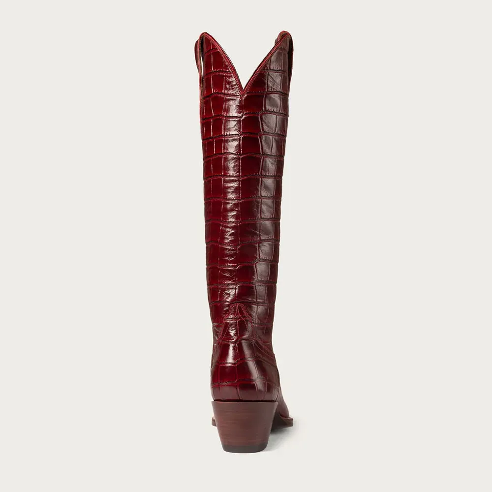 Faux-Leather Crocodile-Embossed Round-Toe Chunky-Heel Knee-High Boots