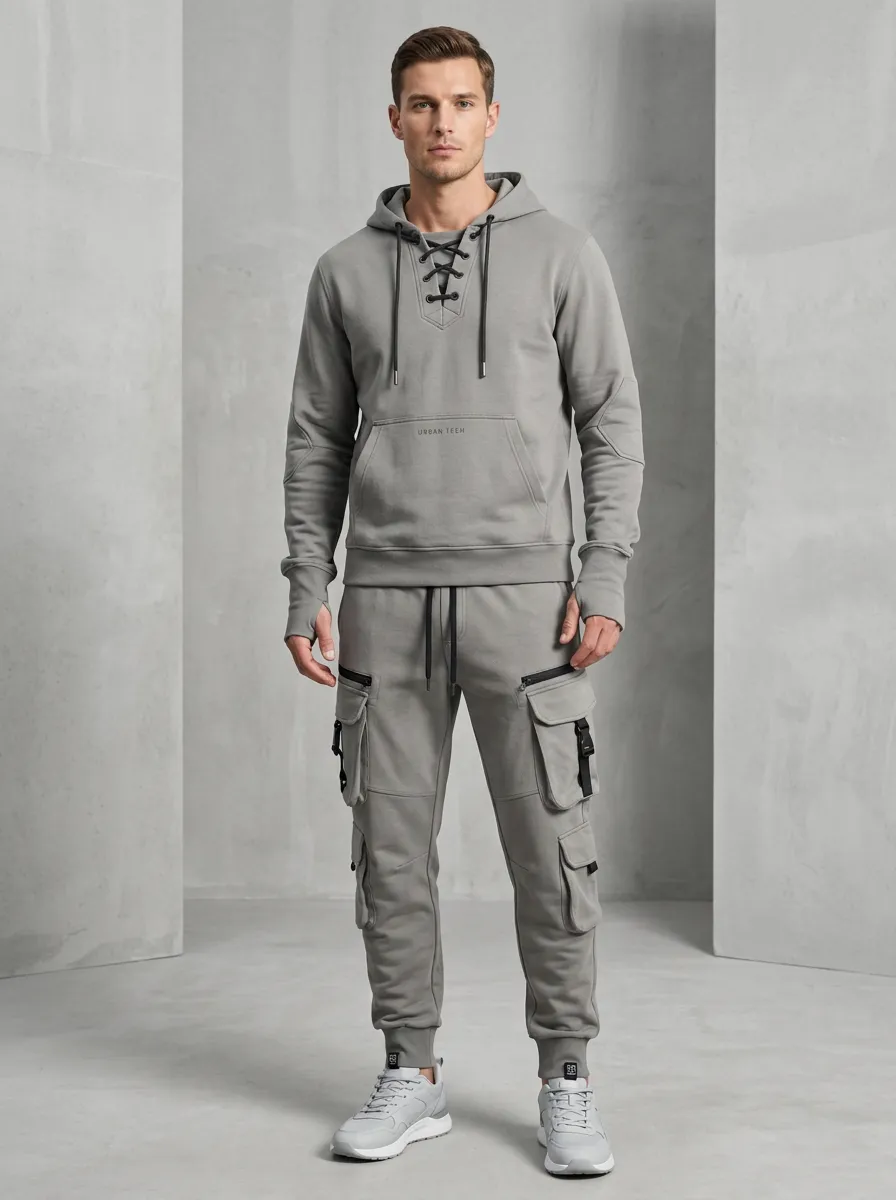 Functional Lace-Up Multi Pocket Modern Look Men's Lace Up Hoodie And Cargo Jogger Set