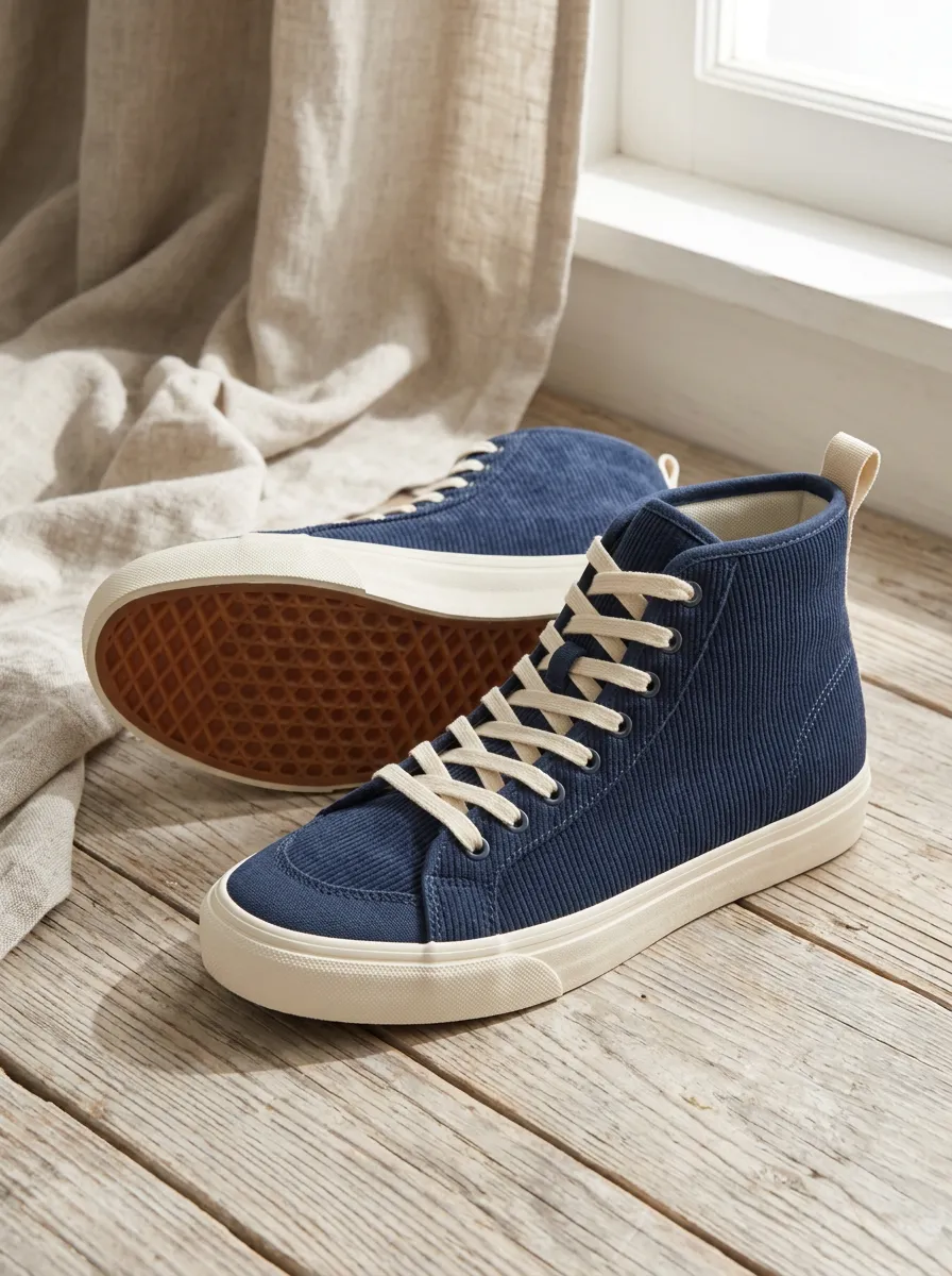 Women's Casual Style Navy Corduroy Textured High-Top Sneakers